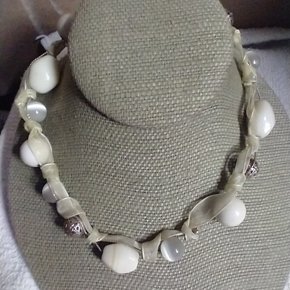 Lc Lauren Conrad white beads yellow ribbon goldtone necklace